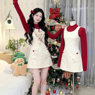 新年温柔圣诞甜美风红色针织长袖上衣搭配波点背心连衣裙两件套装