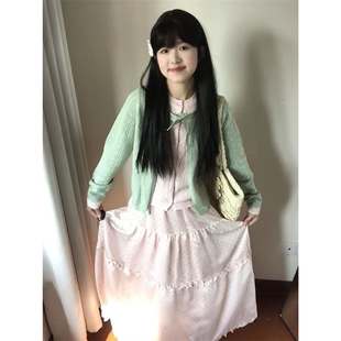 木耳边波点长裙两件套装 法式 温柔多巴胺甜美假两件撞色针织上衣