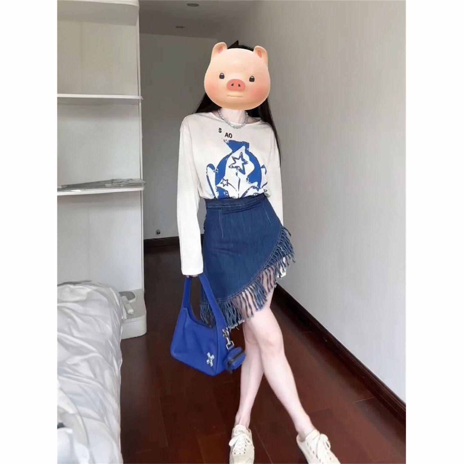 法式气质时尚感牛仔流苏不规则包臀裙裤+花瓶印花长袖上衣两件套,女装/女士精品,时尚套装,淘宝优惠券,粉丝福利购,淘宝优惠卷