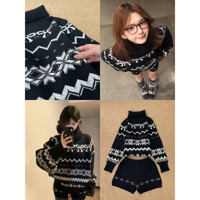 高领费尔岛毛衣+黑色针织短裤