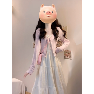 针织开衫 粉色薄款 穿搭一整套温柔风白色吊带连衣裙 两件套女春季