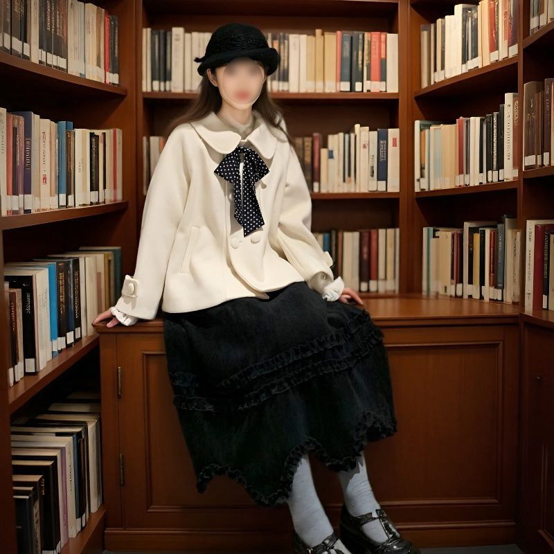 法式千金风百搭蝴蝶结夹棉毛呢外套女学生搭配黑色半身裙两件套装,女装/女士精品,时尚套装,淘宝优惠券,粉丝福利购,淘宝优惠卷