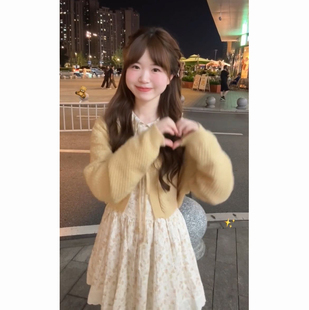 一整套日系可爱甜妹娃娃领碎花连衣短裙搭配针织长袖 穿搭 毛衣开衫