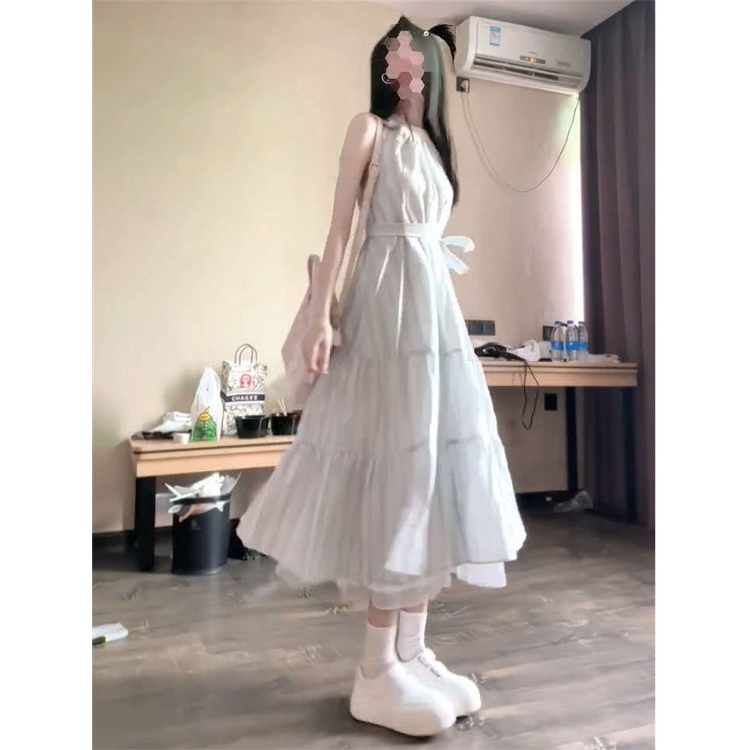 法式可爱复古条纹挂脖连衣裙夏日女学生蝴蝶结绑带收腰遮肉a字裙