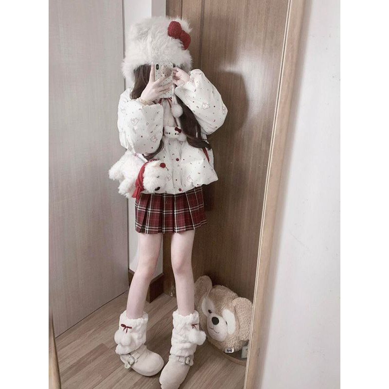 法式圣诞节甜美可爱兔子满印棉服外套学生氛围蝴蝶结宽松休闲棉衣