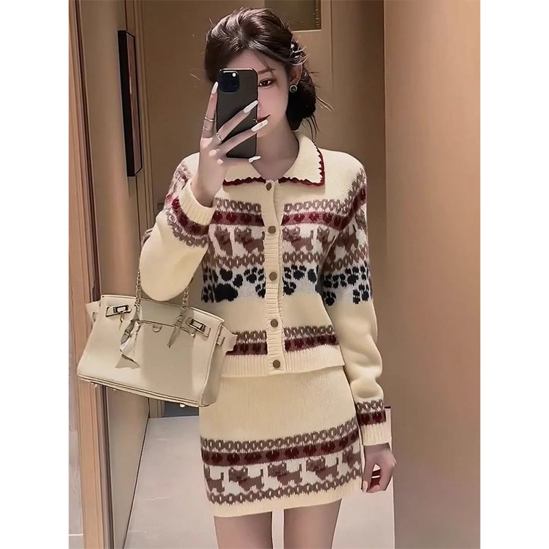 法式复古温柔感费尔岛撞色针织毛衣开衫叠穿高腰包臀短裙两件套装