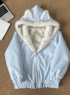 秋冬季新款甜酷风蓝色双面穿毛茸猫耳连帽棉服加厚保暖设计感外套