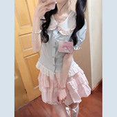 夏日多巴胺可爱甜美少女蓝色娃娃领上衣 粉色高腰蛋糕裙两件套装