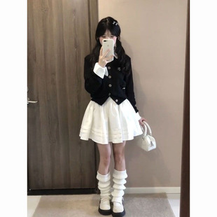 秋季温柔气质风POLO领假两件针织开衫外套搭配白色半身裙两件套装