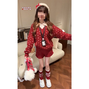 法式温柔甜美风polo领假两件红色针织套头毛衣+高腰短裤两件套装