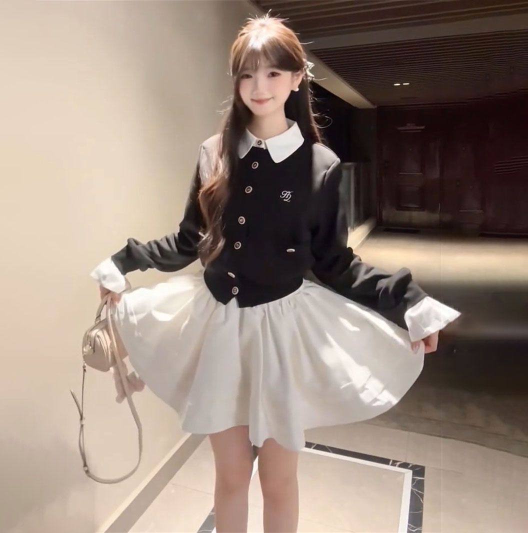 早秋季甜美学院风黑色polo领假两件针织开衫+白色半身裙两件套装,女装/女士精品,时尚套装,淘宝优惠券,粉丝福利购,淘宝优惠卷