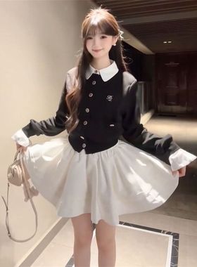早秋季甜美学院风黑色polo领假两件针织开衫+白色半身裙两件套装