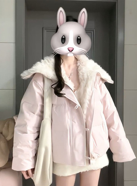 冬日甜美气质风粉色海军领羊羔毛拼接棉服慵懒保暖设计感棉衣外套