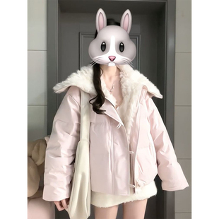 冬日甜美气质风粉色海军领羊羔毛拼接棉服慵懒保暖设计感棉衣外套