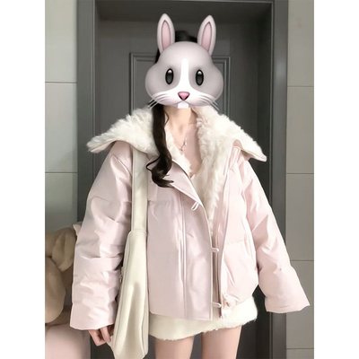 海军领粉色羊羔毛拼接棉服