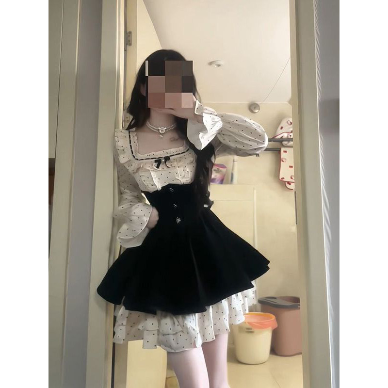 法式温柔茶歇生日出片假两件方领波点连衣裙收腰甜美公主蓬蓬短裙,女装/女士精品,连衣裙,淘宝优惠券,粉丝福利购,淘宝优惠卷