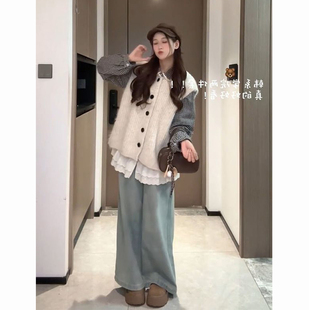 两件套 搭配杏色针织马甲开衫 韩版 复古减龄学院风蕾丝拼接格纹衬衫