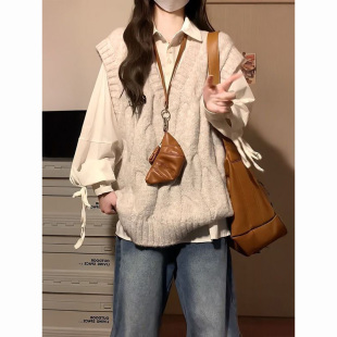 麻花背心马甲毛衣两件套装 衬衫 简约休闲学院风绑带长袖 2025秋季