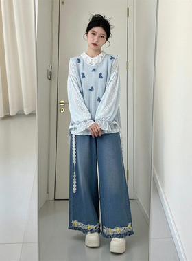 韩系温柔多巴胺甜美风蓝色针织马甲背心搭配花边长袖衬衫两件套装