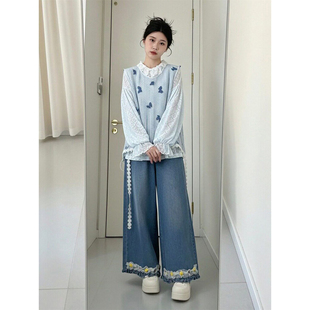 两件套装 韩系温柔多巴胺甜美风蓝色针织马甲背心搭配花边长袖 衬衫
