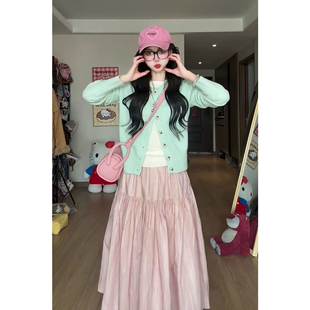 初春甜美多巴胺小个子薄荷绿针织开衫 粉色高腰半身长裙两件套装