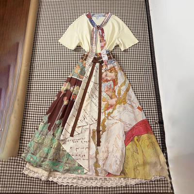 短袖上衣+油画半身长裙