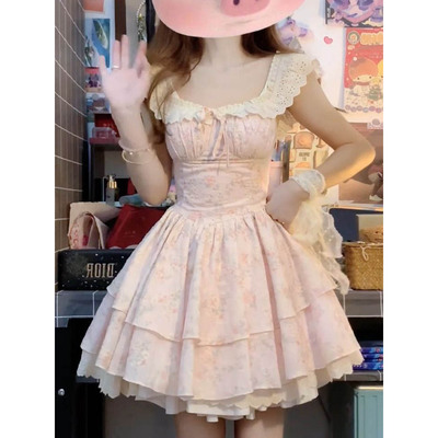 温柔风小飞袖花边拼接碎花连衣裙