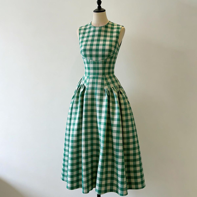 白绿撞色格纹拼接圆领连衣裙