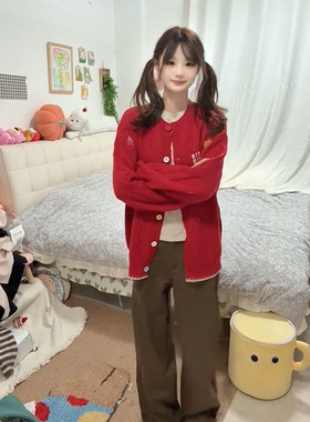 2026跨年温柔氛围感红色绞花彩色纽扣毛衣衫新年圆领长袖开衫外套