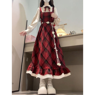 韩版 a字长裙 甜美学院风假两件格纹红色连衣裙女学生圣诞复古长袖