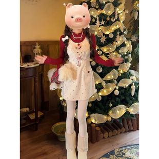 上衣两件套 背心裙搭配圣诞红色针织打底衫 韩系时尚 甜美感波点无袖