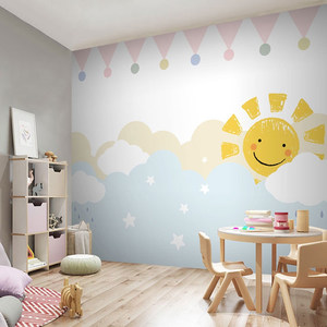 北欧儿童房壁纸女孩卧室简约墙纸卡通白云壁画公主房粉色温馨墙布