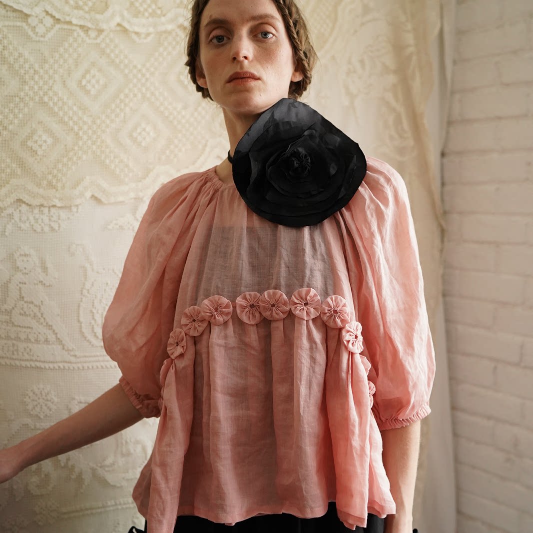 75折【Unlogical Poem】复古文艺苎麻手工yoyo花宽松减龄上衣衬衫