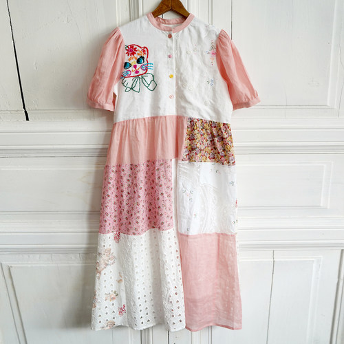 5折【UPcycle再造系列】法式浪漫重工老布刺绣衬衫长款猫咪连衣裙