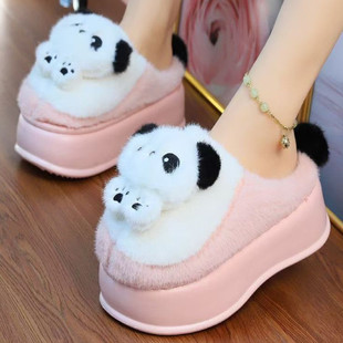 棉拖鞋女冬可爱卡通熊猫居家厚底加绒防滑高跟室内月子保暖毛拖鞋