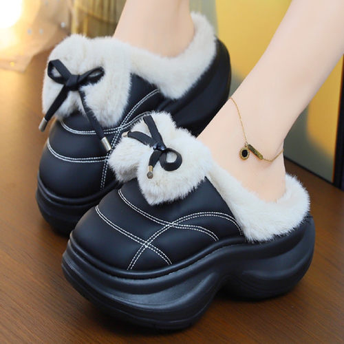 冬季蝴蝶结防水皮居家毛绒棉拖女