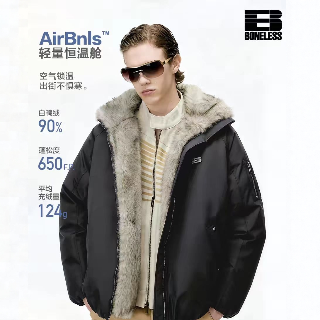 BONELESS拼接毛边立领羽绒服