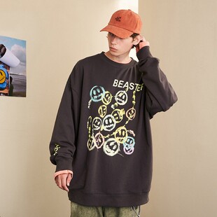BEASTER小恶魔笑脸潮牌卫衣宽松字母印花情侣款长袖圆领针织上衣