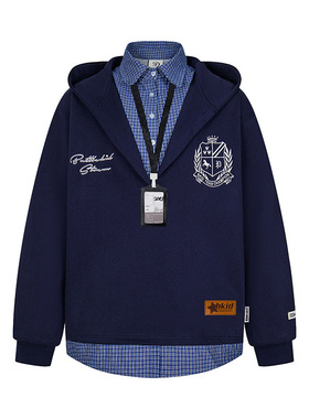 NTBF美式格子假两件衬衫拼接连帽卫衣2026男女春季新款学院风外套