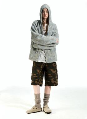 BEASTER鬼脸刺绣图案连帽针织开衫男春秋新款宽松复古毛衣外套女