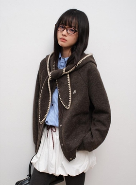 BEASTER波浪明线兔耳朵连帽外套女亲肤华夫绒慵懒风夹克冬装新款