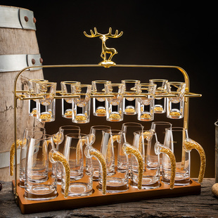 高档轻奢金箔水晶白酒杯套装家用中式一口杯小酒杯金山分酒器酒具