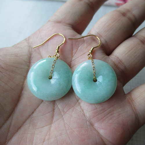 玉雕湾天然翡翠绿色平安扣女耳坠