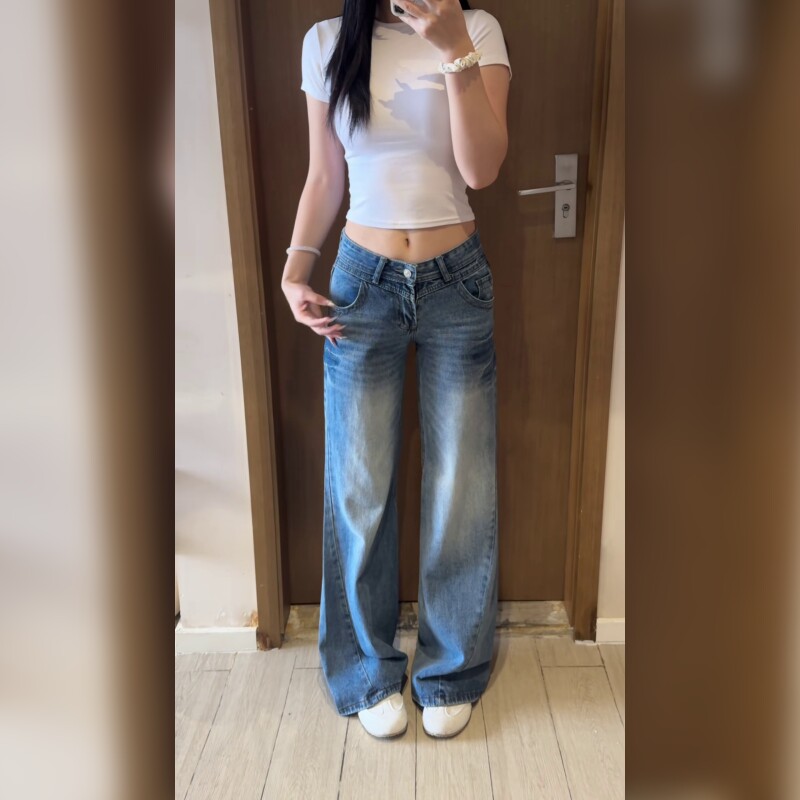 美式复古低腰阔腿牛仔裤女宽松显瘦直筒辣妹风拖地裤时髦显腿长