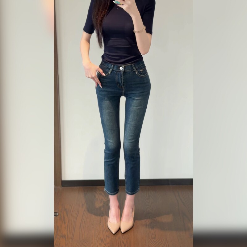 高腰修身牛仔裤女深蓝色小脚裤显瘦紧身长裤