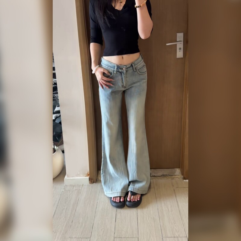 水洗蓝色微喇牛仔裤女低腰修身显瘦小个子不贴腿喇叭裤