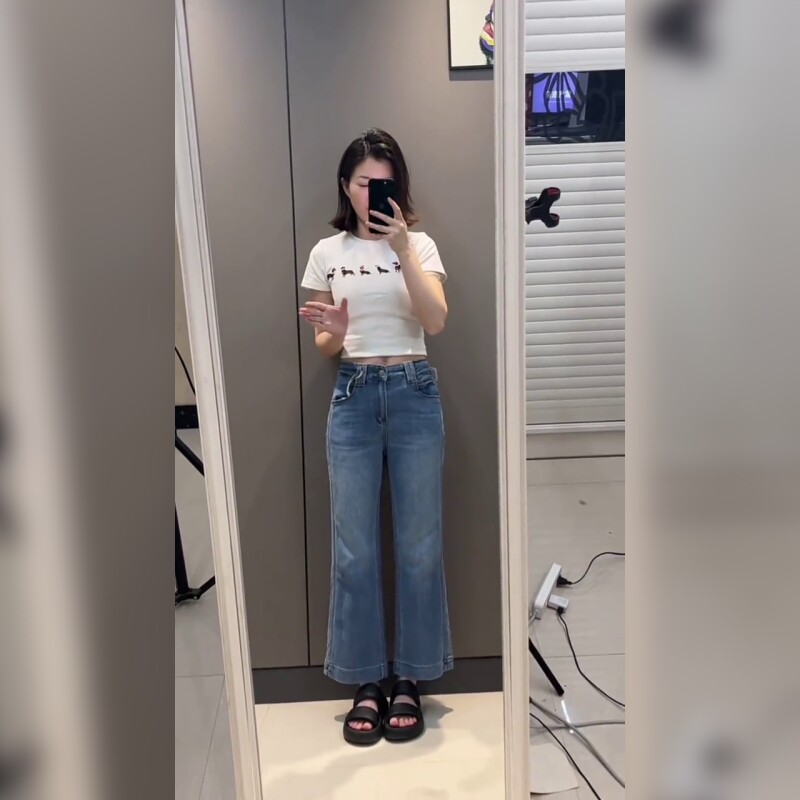 高腰显瘦直筒微喇牛仔裤女蓝色九分裤小个子垂感显高长裤