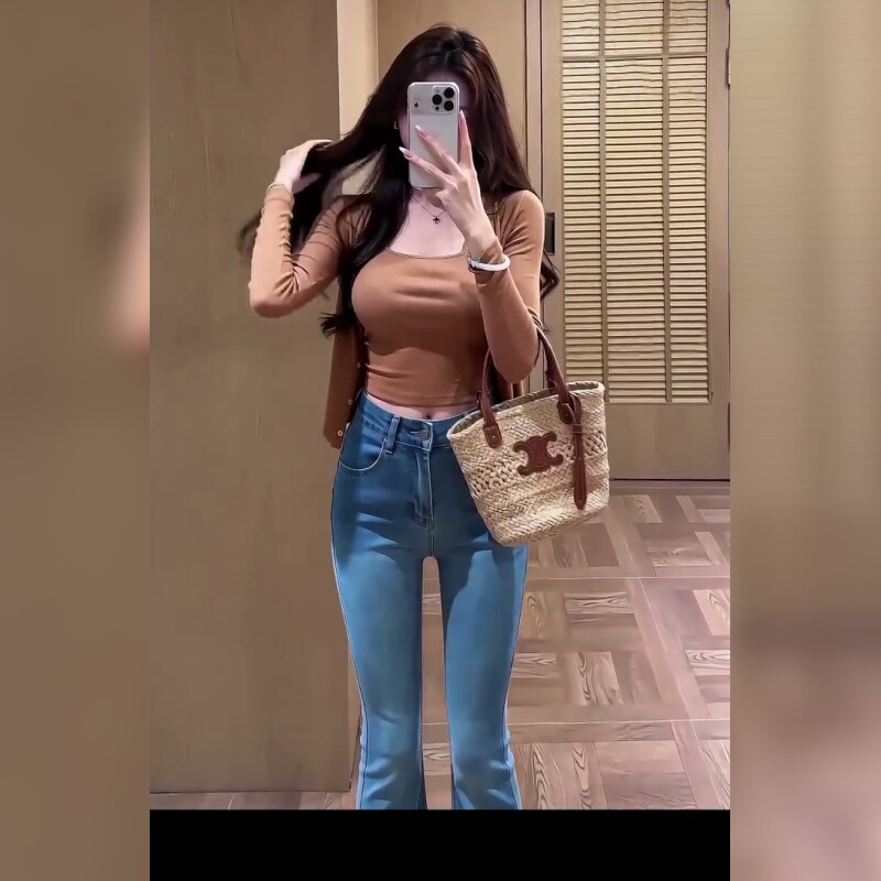 蓝色高腰修身微喇牛仔裤女显瘦提臀小个子九分裤
