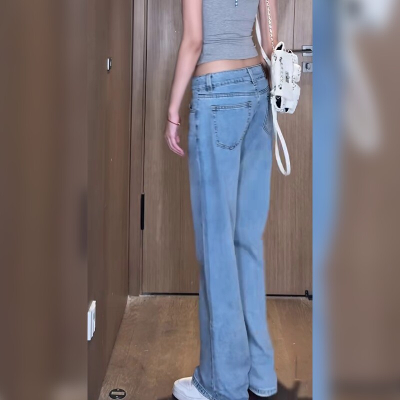 高个子加长浅蓝色低腰直筒牛仔裤女宽松显瘦拖地裤
