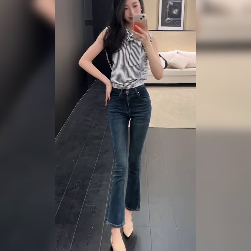 复古深蓝色高腰微喇牛仔裤女小个子弹力九分马蹄裤